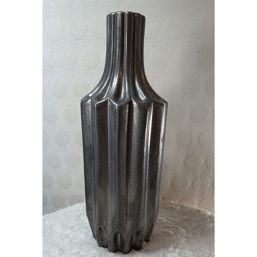 17” Art Deco Metallic Silver Fluted Ceramic Decorative Vase